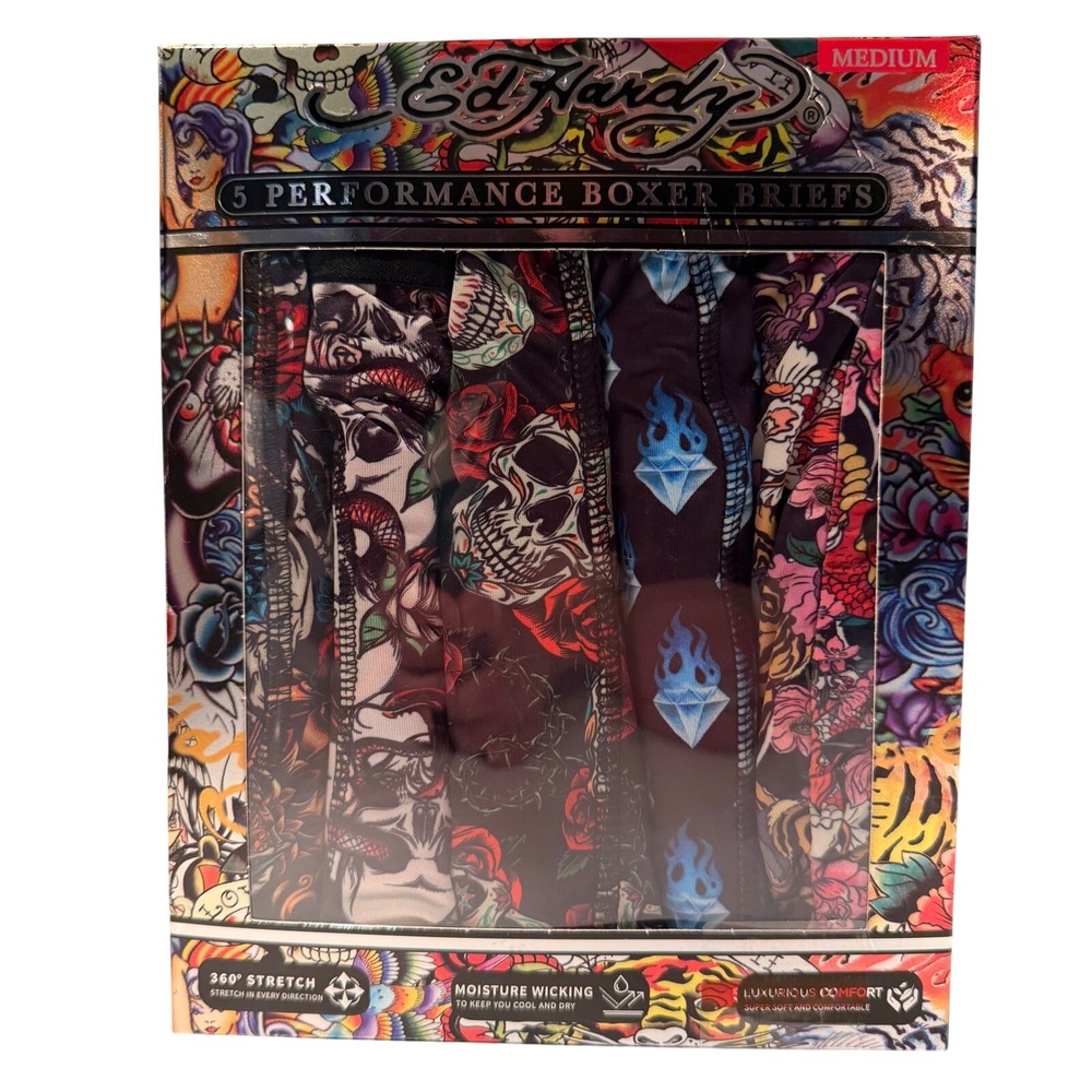 Ed Hardy NEW 5 Pack Performance Boxer Briefs Skulls Dragon MED 32-34" Waist‎